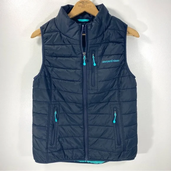 Vineyard Vines Quilted Navy Blue Turquoise Aqua Mountain Weekend Puffer Vest S - Picture 1 of 12